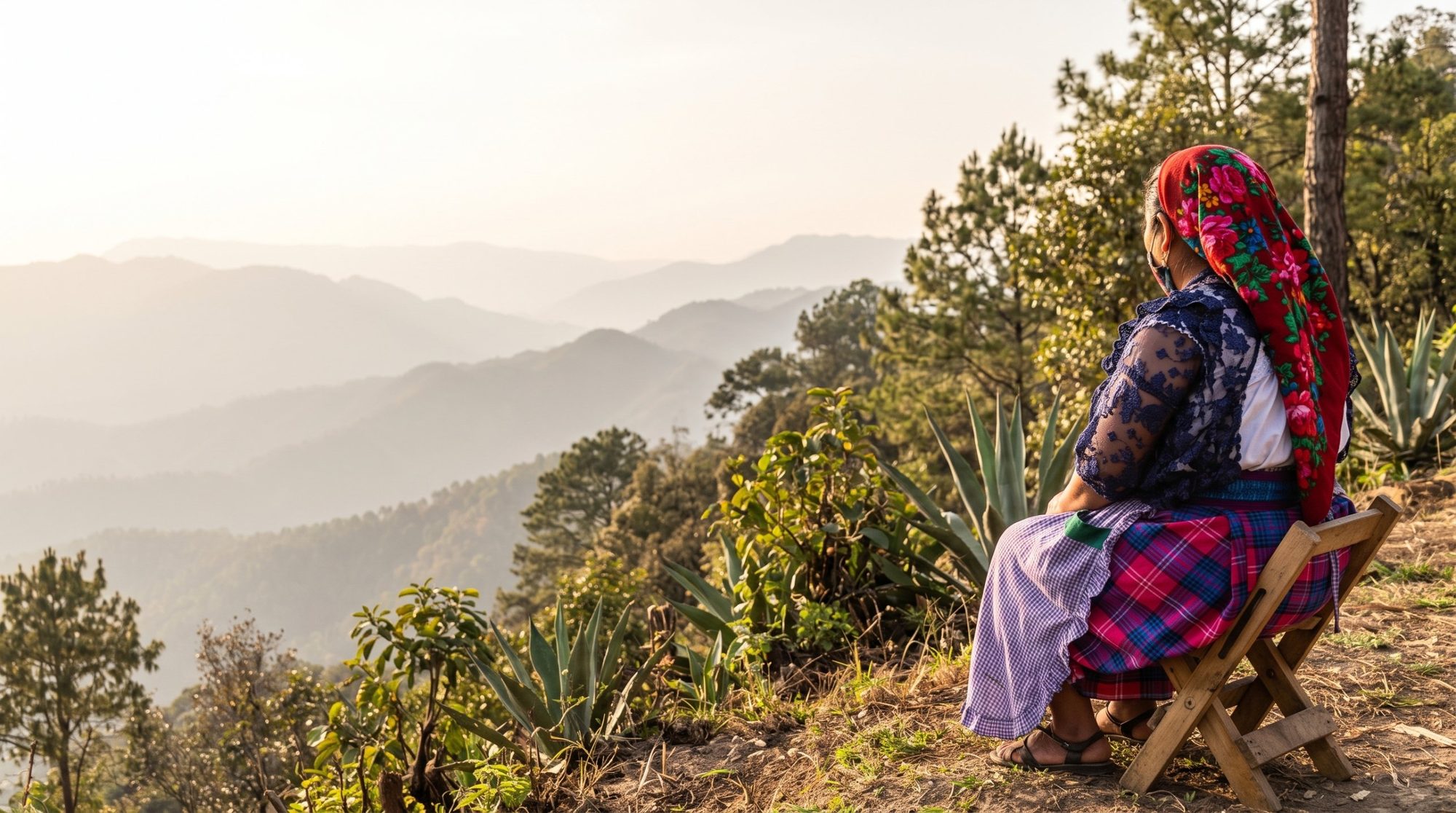A woman seated on a wooden folding stool, seen from behind, looking out over misty mountains in Oaxaca, Mexico