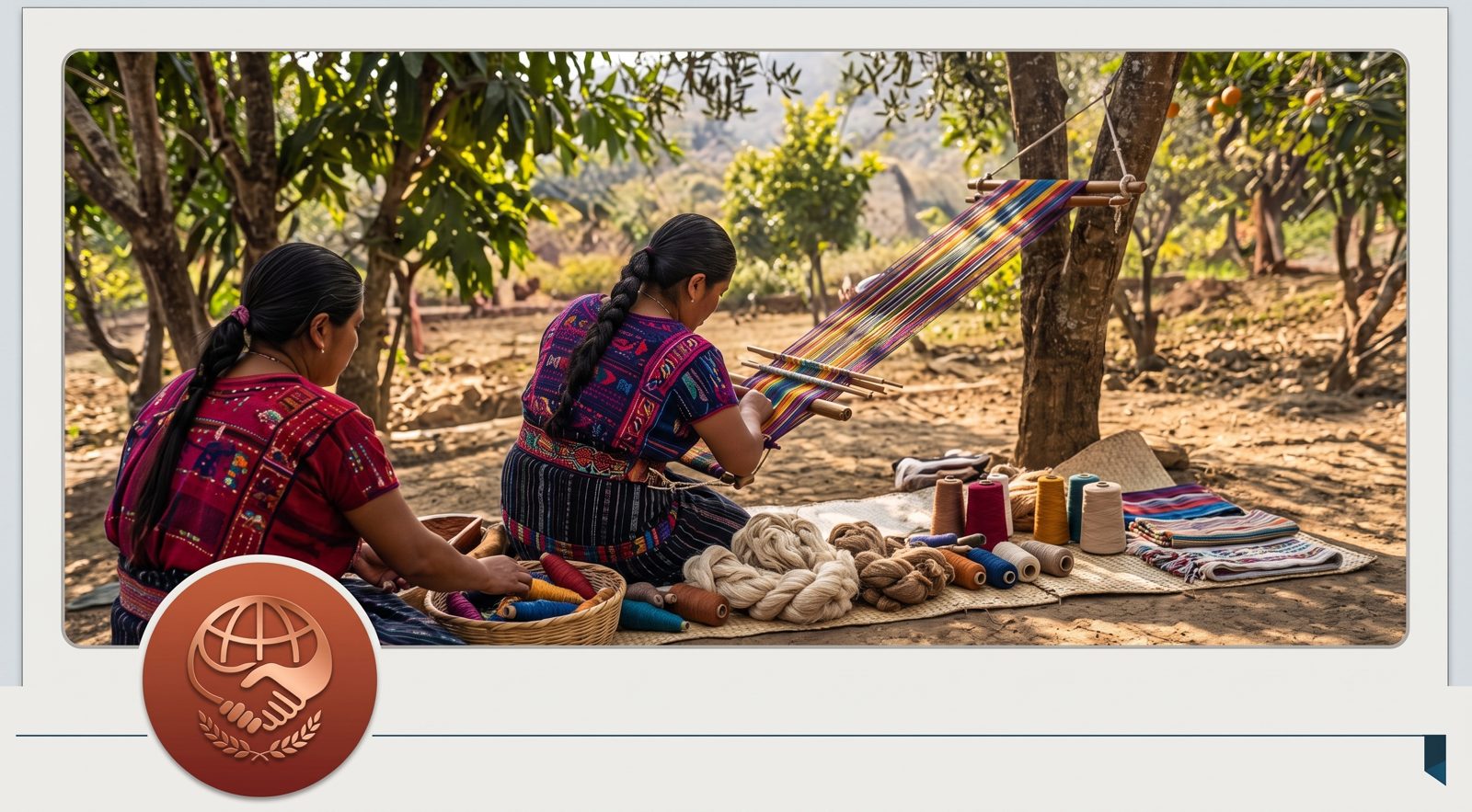 Two Indigenous women weaving on a backstrap loom beneath fruit trees, with spools of wool and woven cloth beside them