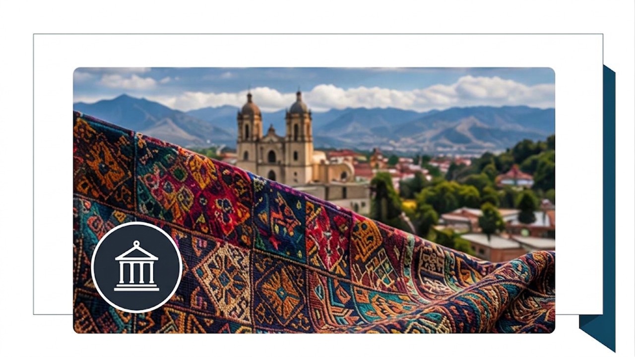 A richly woven textile in the foreground, with a church and the mountains of Oaxaca behind it
